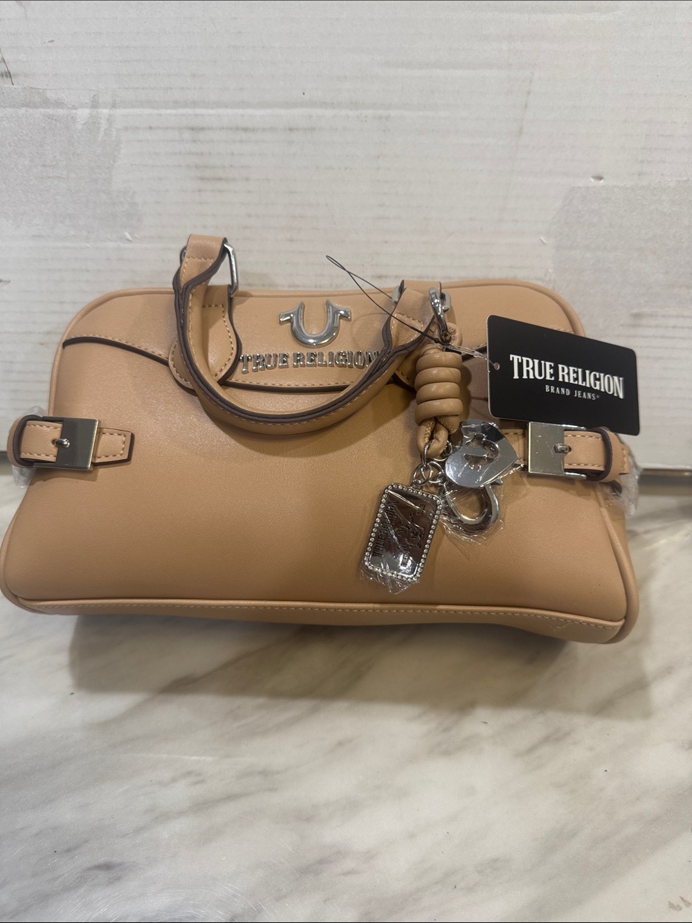 True Religion Beige/Tan Leather Satchel with Charm Cluster